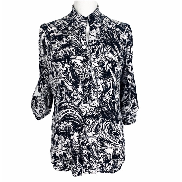 Cals Blouse Women Large Black All Over Print Henley Roll Tab Sleeve Casual Top - Picture 1 of 7